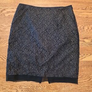 Ann Taylor 4P Black Skirt Gold Shimmer Lace Pencil Skirt Zipper Classic Capsule